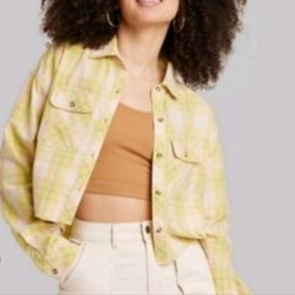 Wild Fable Yellow Plaid Cropped Long Sleeved Button-Up Shirt, Size Small - Picture 1 of 7